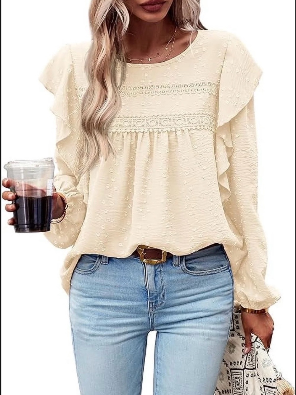 Fashion Western Cottagecore Boho Flowy Cream Ruffle Lace-Trim Blouse Lightweight